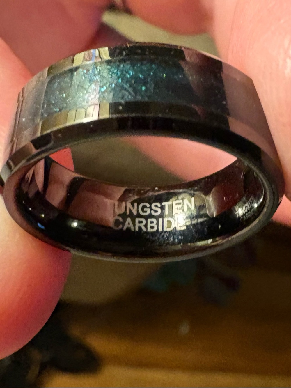 Men's Black Ring with Blue Sparkle Inlay